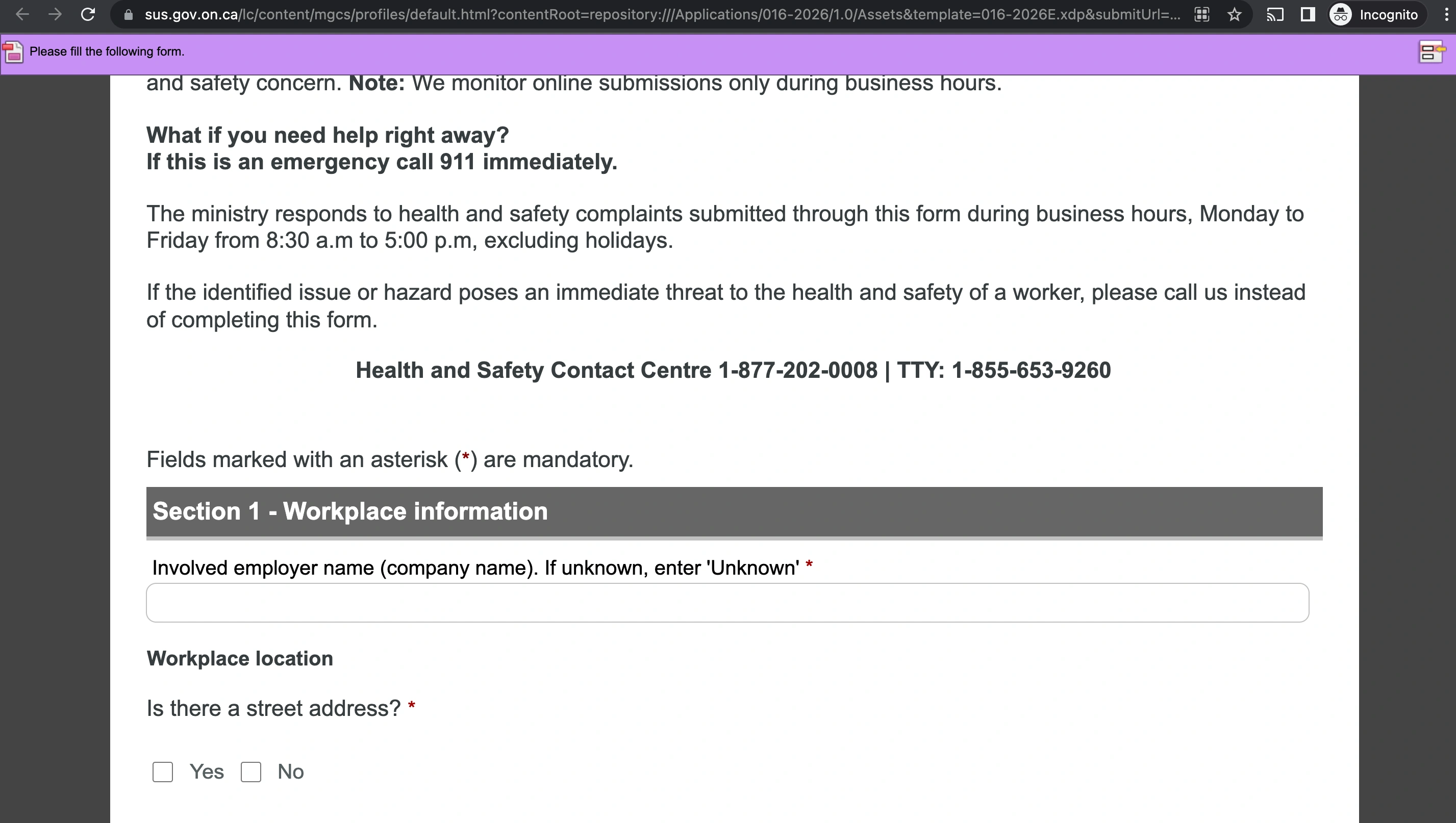 Ontario Ministry of Labour Complaint Form