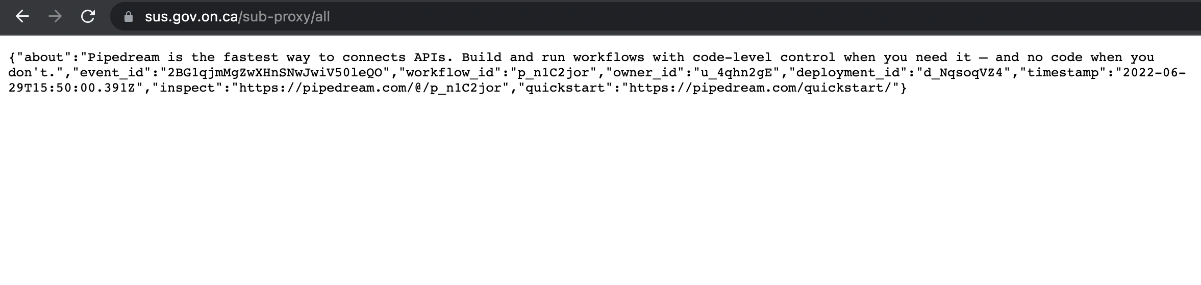 Pipedream response proxied through government domain