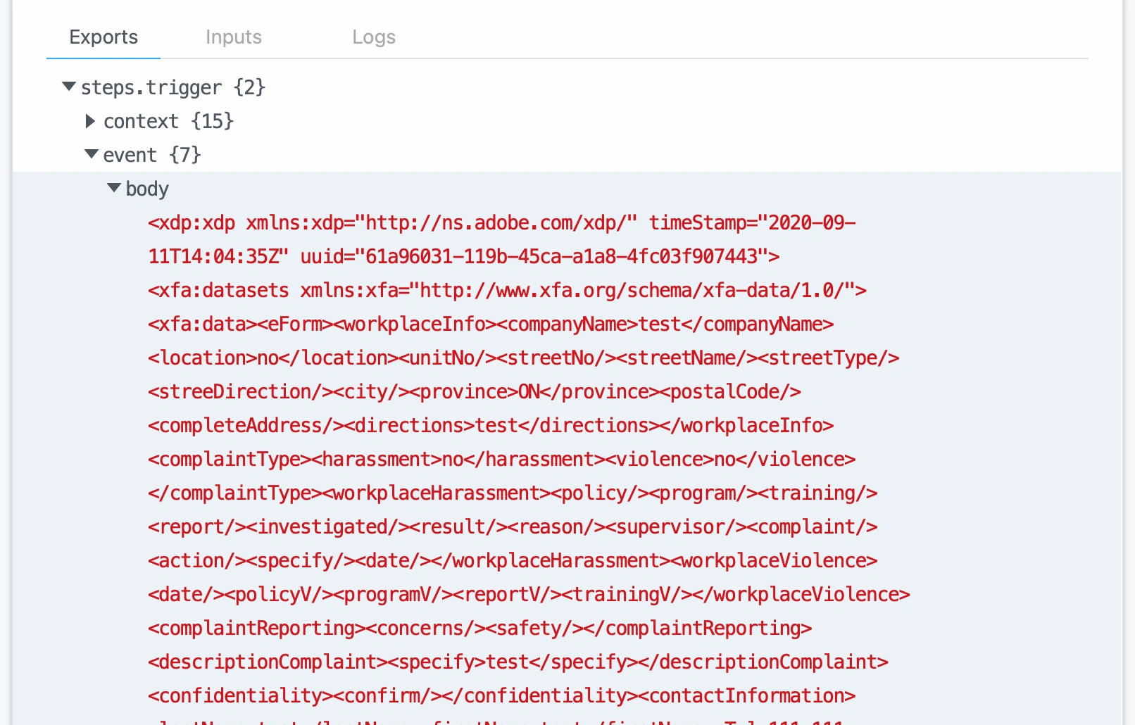 Pipedream console showing intercepted form data