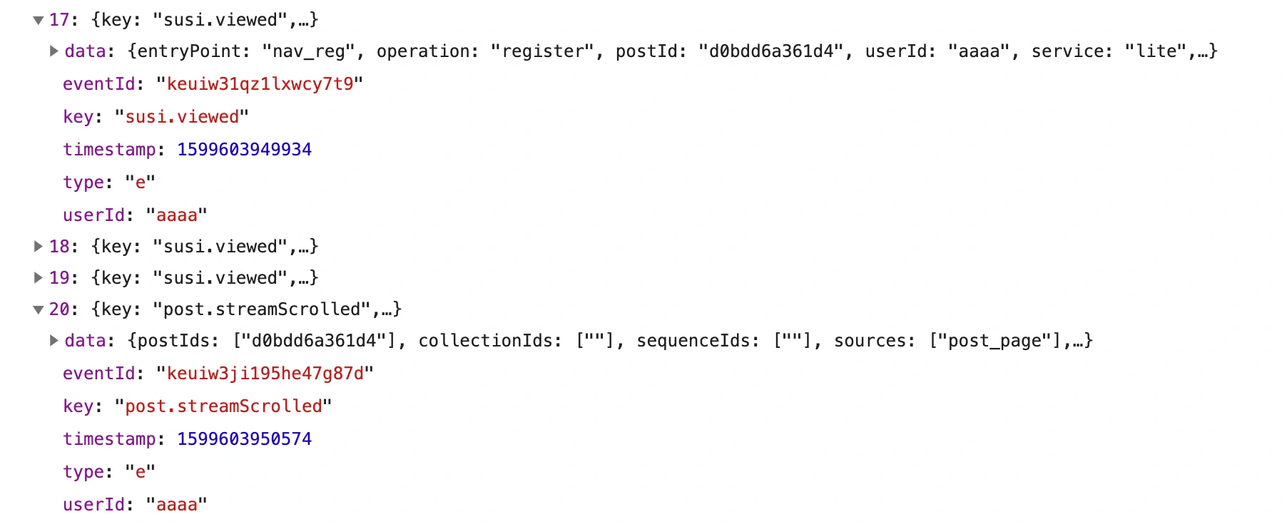Screenshot of data transmitted to the /_/batch endpoint