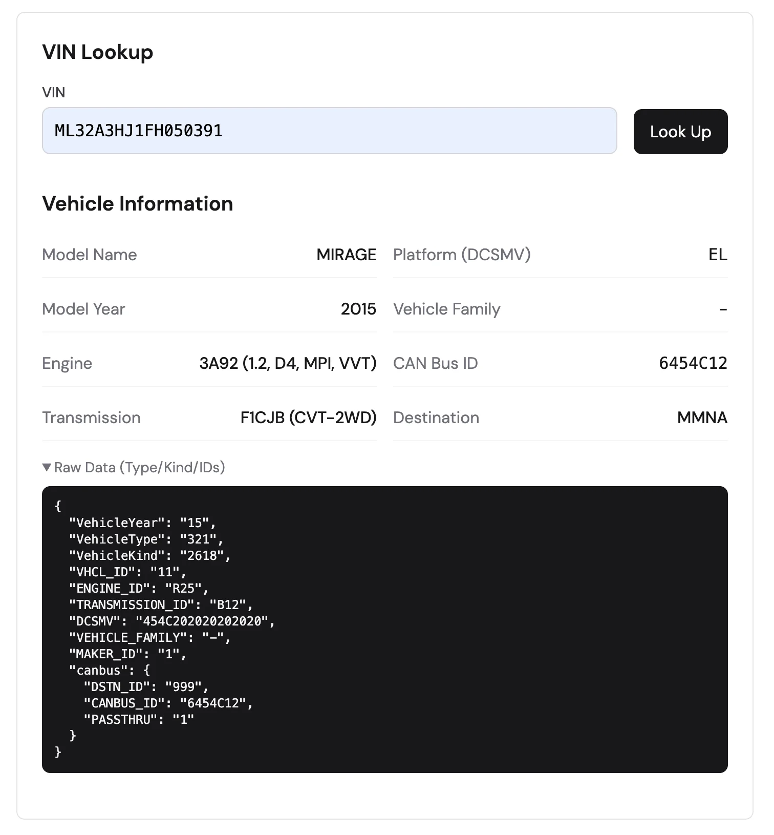 VIN search results showing complete vehicle specification for my Mirage