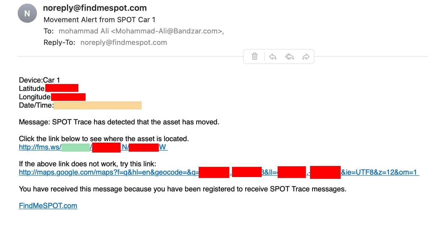 SPOT notification email with location link